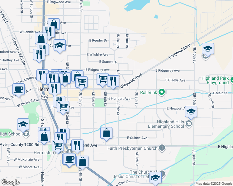 map of restaurants, bars, coffee shops, grocery stores, and more near 110 Southeast 7th Street in Hermiston