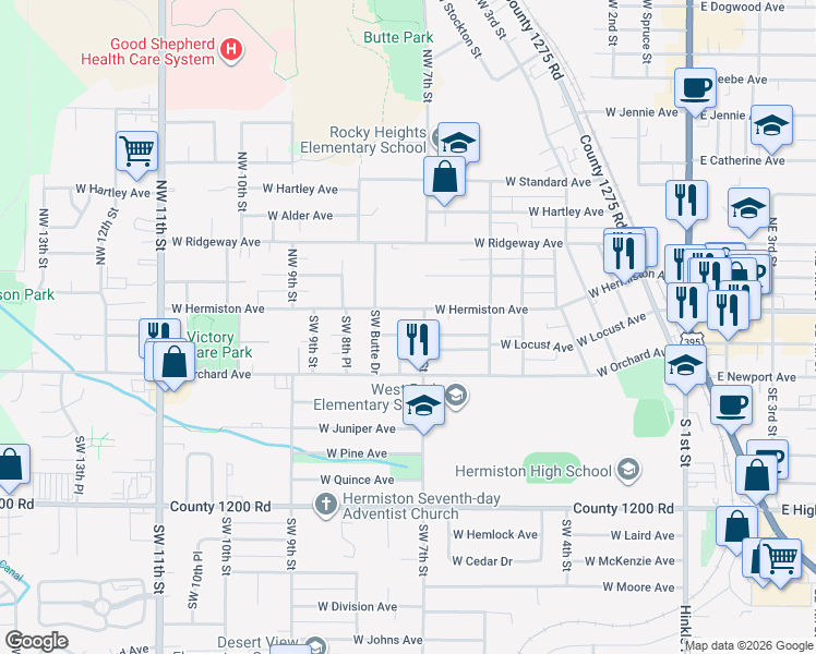 map of restaurants, bars, coffee shops, grocery stores, and more near 710 West Park Avenue in Hermiston