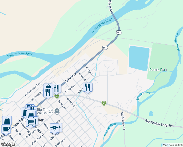 map of restaurants, bars, coffee shops, grocery stores, and more near 917-921 Bridge Street in Big Timber