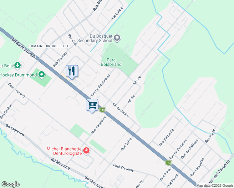 map of restaurants, bars, coffee shops, grocery stores, and more near 114 Grande Allée in Drummondville