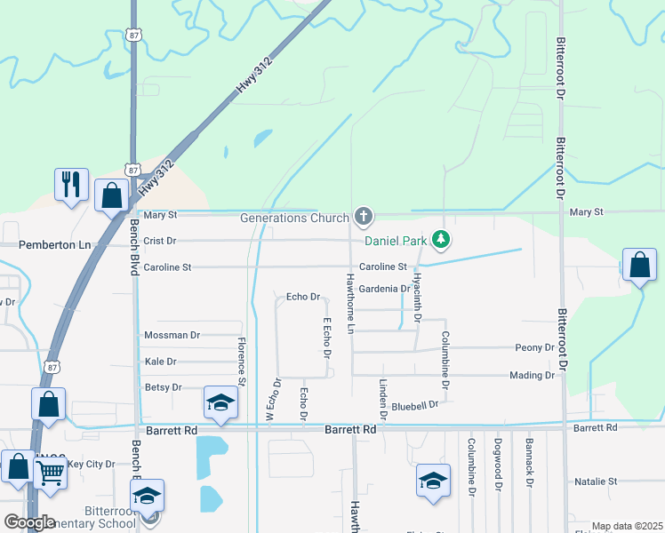 map of restaurants, bars, coffee shops, grocery stores, and more near 1180 Caroline Street in Billings