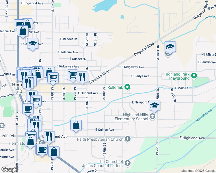 map of restaurants, bars, coffee shops, grocery stores, and more near 800 East Main Street in Hermiston