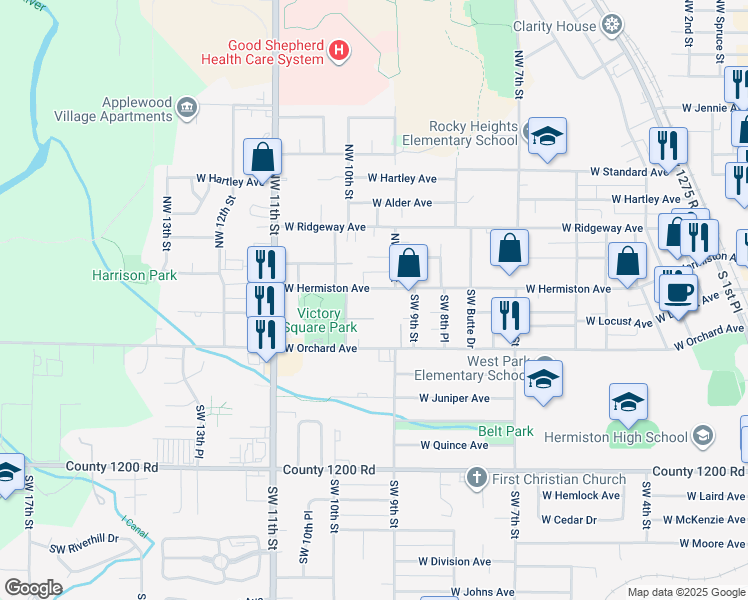 map of restaurants, bars, coffee shops, grocery stores, and more near 900-998 W Eskimo Ave in Hermiston