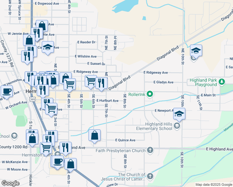 map of restaurants, bars, coffee shops, grocery stores, and more near 750 East Main Street in Hermiston