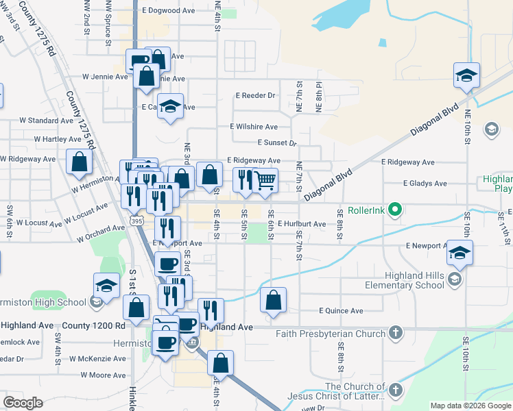 map of restaurants, bars, coffee shops, grocery stores, and more near 563 East Hurlburt Avenue in Hermiston