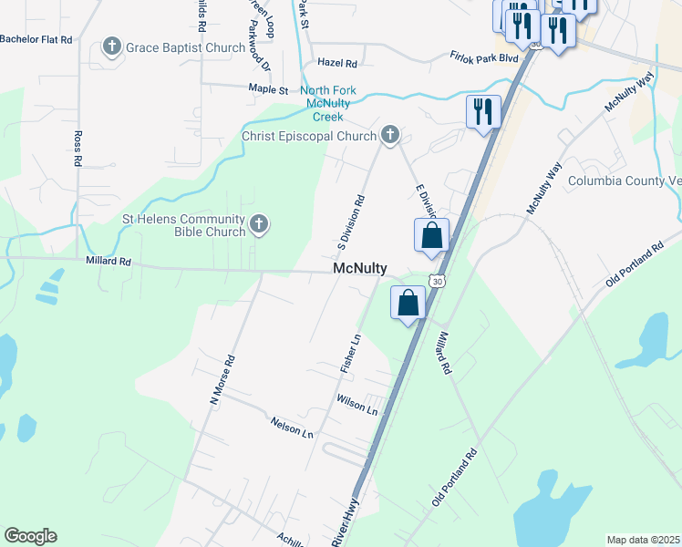 map of restaurants, bars, coffee shops, grocery stores, and more near Millard Road in Saint Helens
