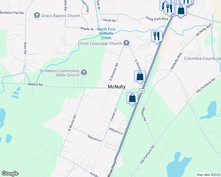 map of restaurants, bars, coffee shops, grocery stores, and more near Millard Road in Saint Helens