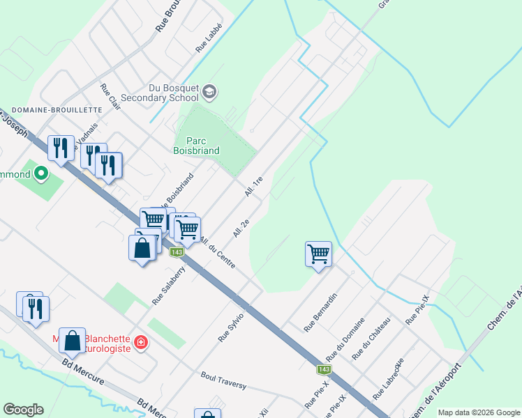 map of restaurants, bars, coffee shops, grocery stores, and more near 2172 Allée 2e in Drummondville