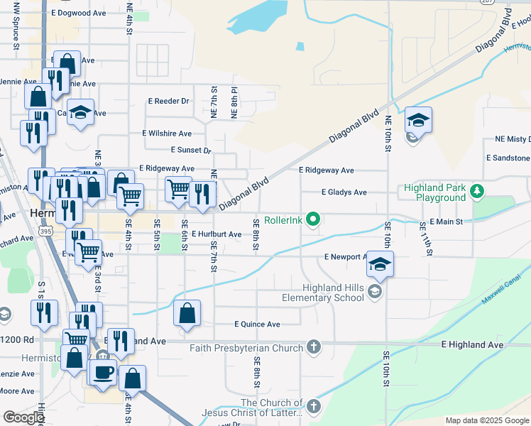 map of restaurants, bars, coffee shops, grocery stores, and more near 800 E Main St in Hermiston