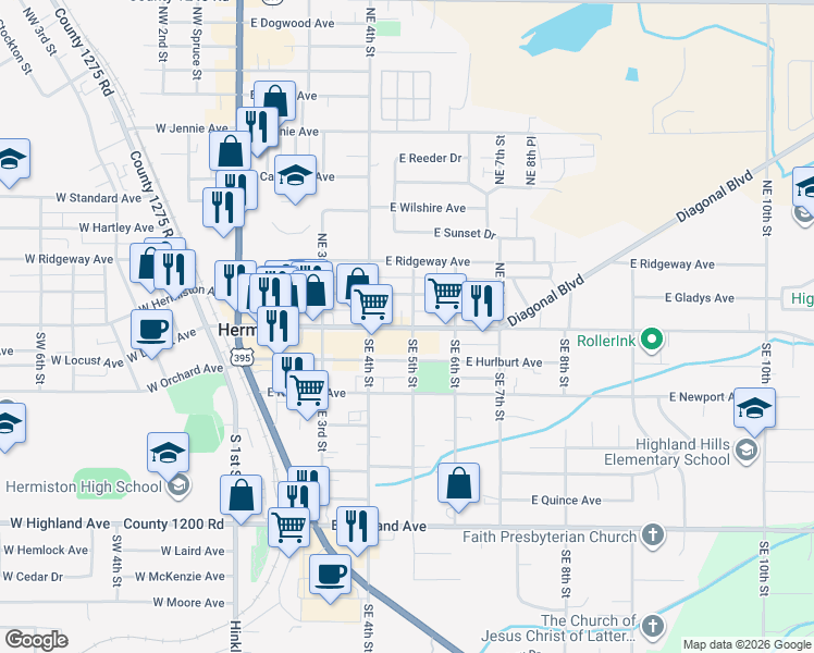 map of restaurants, bars, coffee shops, grocery stores, and more near 563 East Hurlburt Avenue in Hermiston