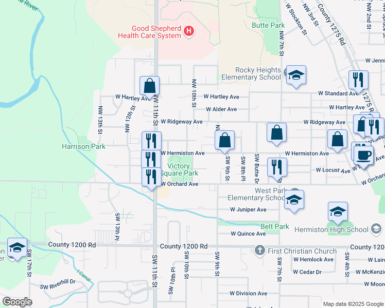 map of restaurants, bars, coffee shops, grocery stores, and more near 55 Southwest 10th Street in Hermiston