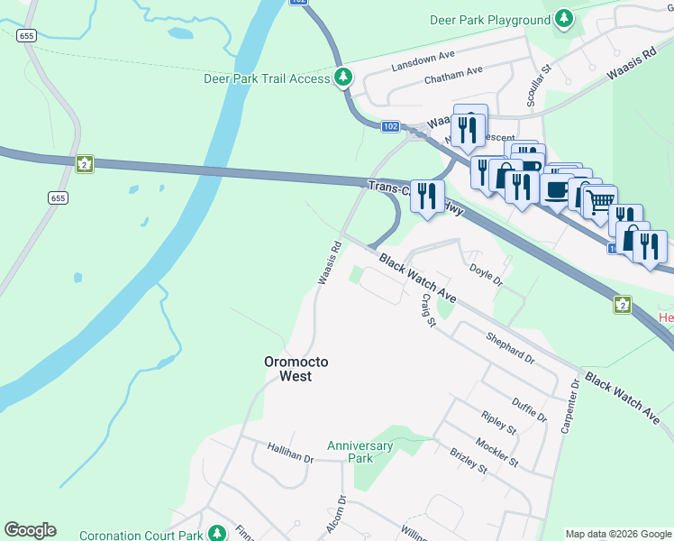 map of restaurants, bars, coffee shops, grocery stores, and more near 25 Erica Circle in Oromocto