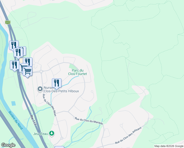 map of restaurants, bars, coffee shops, grocery stores, and more near 582 Rue du Clos-des-Capucins in Prévost