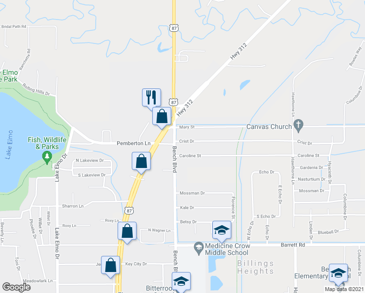 map of restaurants, bars, coffee shops, grocery stores, and more near 810 Crist Drive in Billings