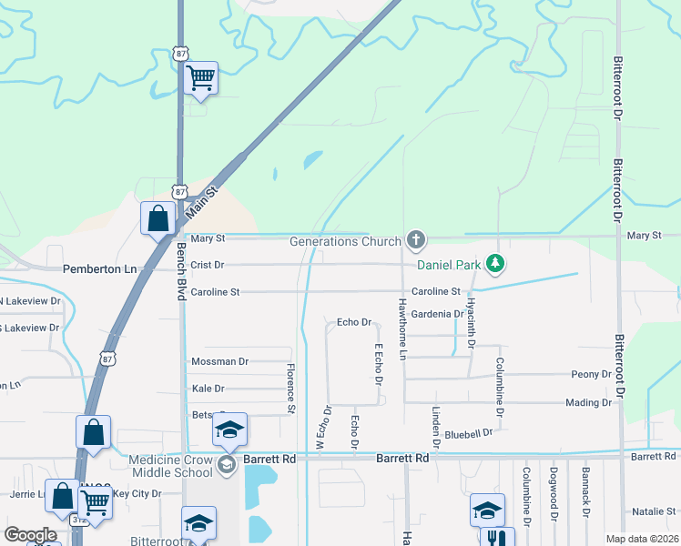 map of restaurants, bars, coffee shops, grocery stores, and more near 1037 Caroline Street in Billings