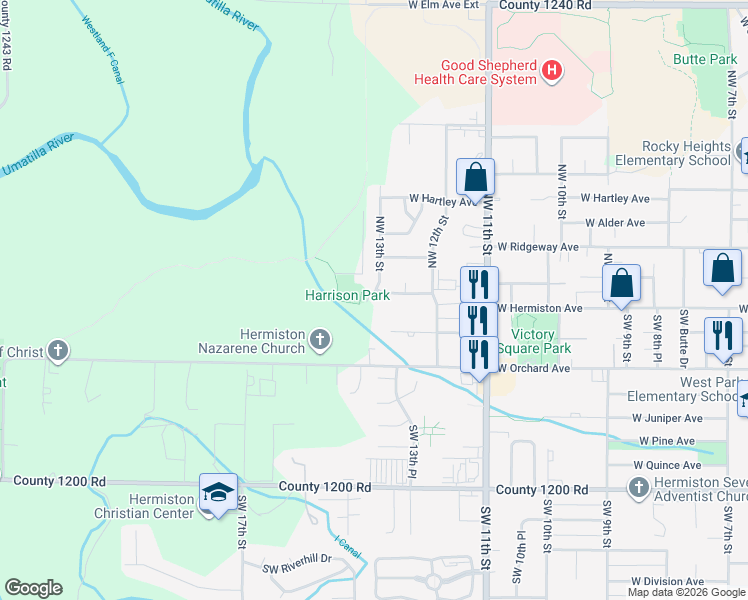 map of restaurants, bars, coffee shops, grocery stores, and more near 245 Northwest 13th Street in Hermiston