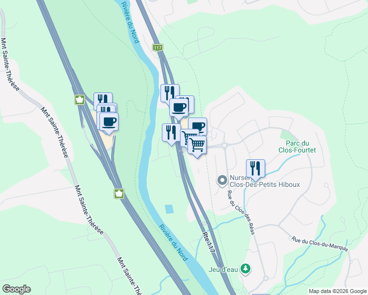 map of restaurants, bars, coffee shops, grocery stores, and more near 2657 Boulevard du Curé Labelle in Prévost
