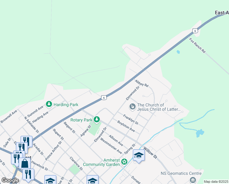 map of restaurants, bars, coffee shops, grocery stores, and more near 217 Victoria Street East in Amherst