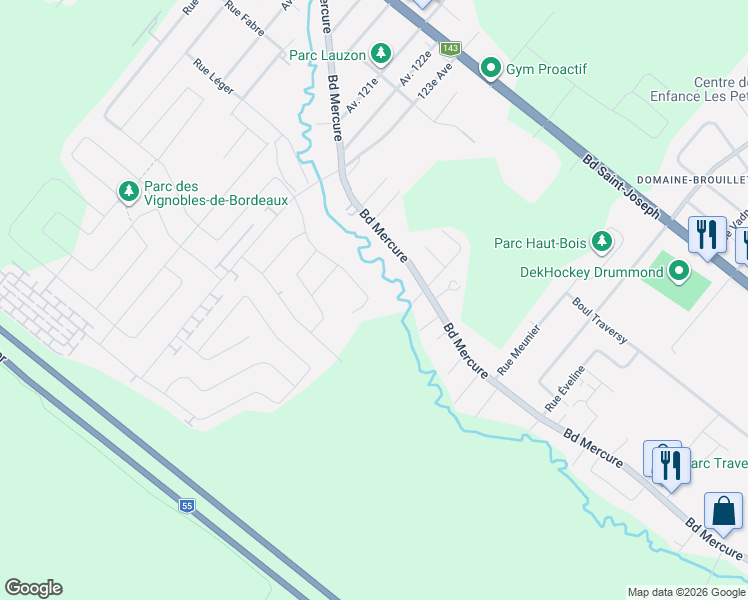 map of restaurants, bars, coffee shops, grocery stores, and more near 270 Rue du Pinot in Drummondville