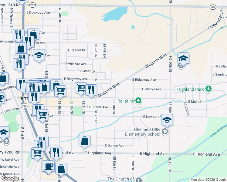 map of restaurants, bars, coffee shops, grocery stores, and more near 165 Northeast 8th Street in Hermiston