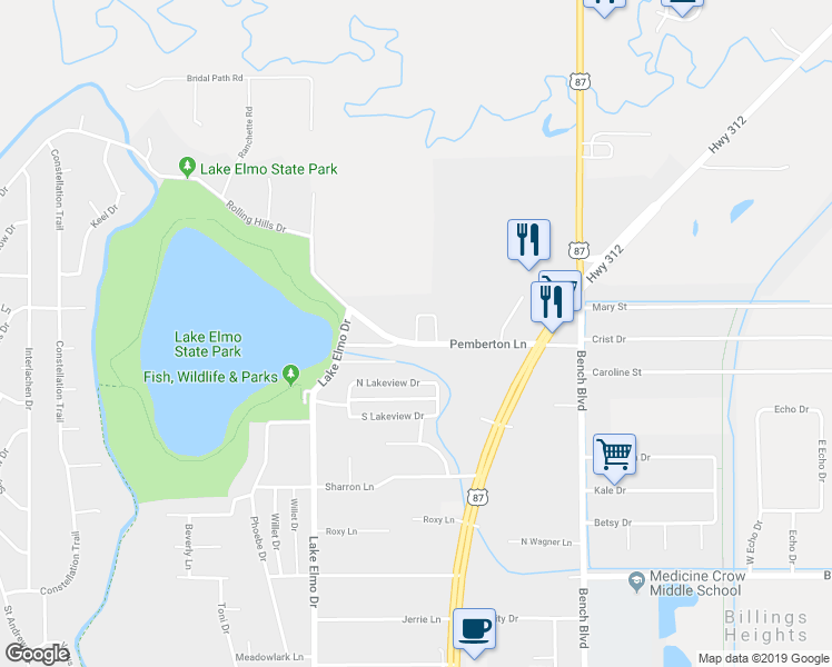map of restaurants, bars, coffee shops, grocery stores, and more near 2302 Jasmine Circle in Billings