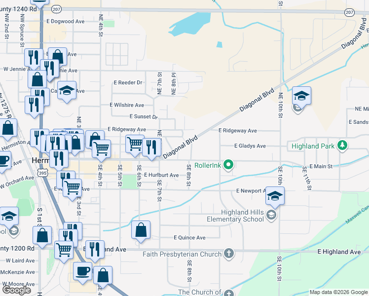 map of restaurants, bars, coffee shops, grocery stores, and more near 793 Diagonal Boulevard in Hermiston