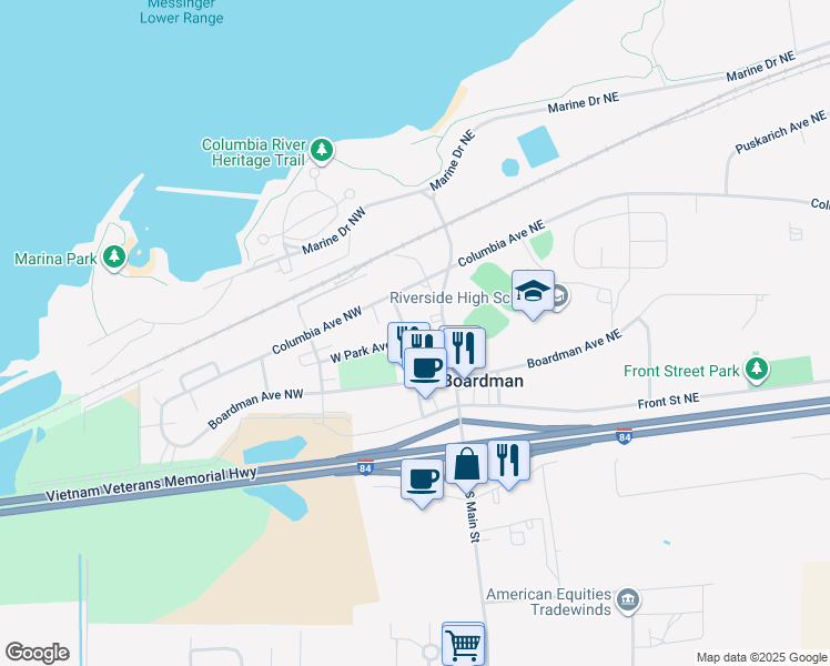 map of restaurants, bars, coffee shops, grocery stores, and more near 301 1st Street Northeast in Boardman