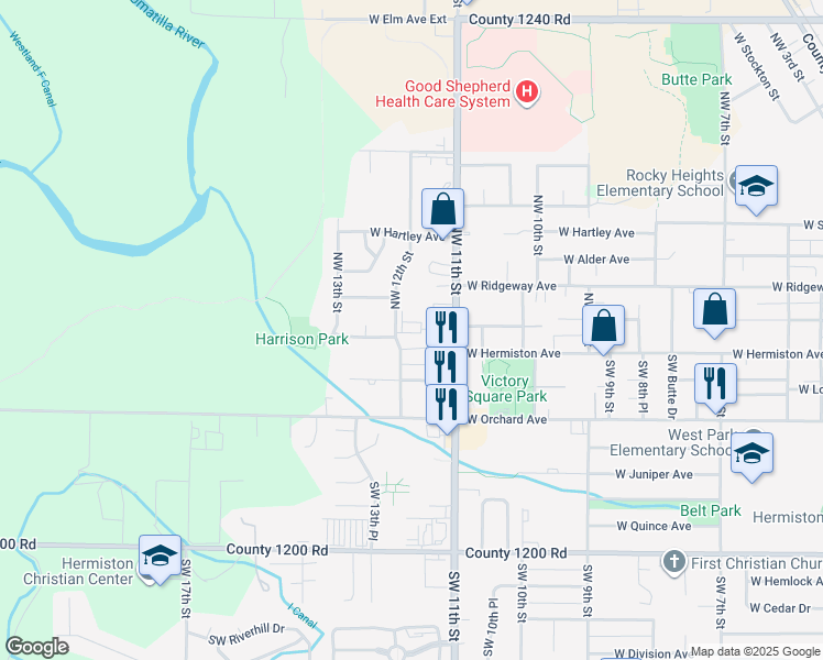 map of restaurants, bars, coffee shops, grocery stores, and more near 190 Southwest 12th Street in Hermiston