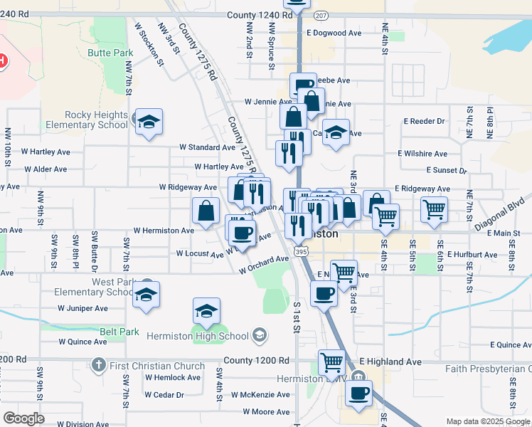 map of restaurants, bars, coffee shops, grocery stores, and more near 120 West Hermiston Avenue in Hermiston