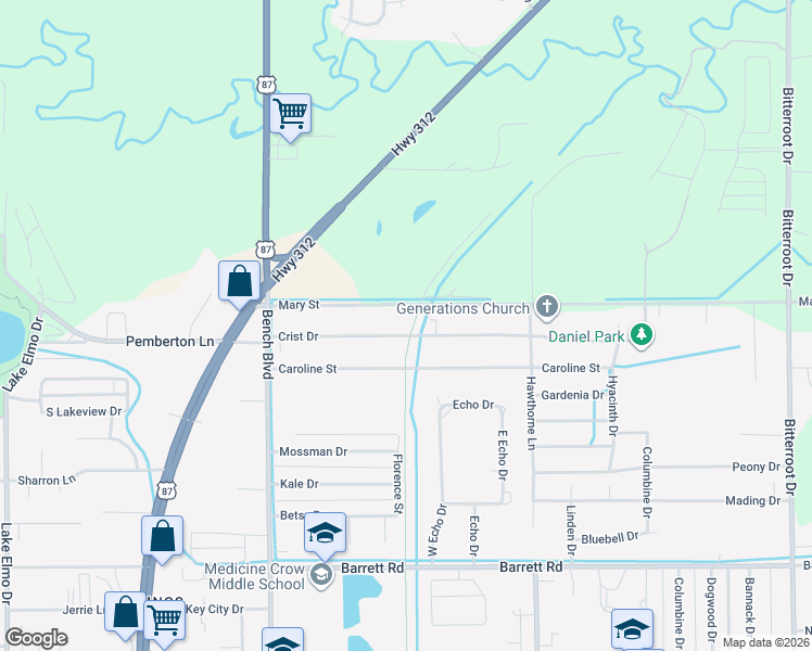 map of restaurants, bars, coffee shops, grocery stores, and more near 1006 Mary St in Billings