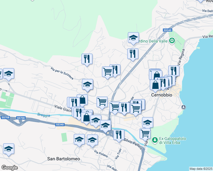 map of restaurants, bars, coffee shops, grocery stores, and more near 5 Via Paolo Carcano in Cernobbio
