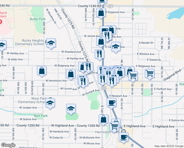 map of restaurants, bars, coffee shops, grocery stores, and more near 120 West Hermiston Avenue in Hermiston