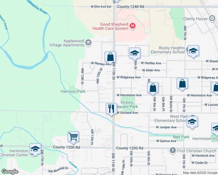 map of restaurants, bars, coffee shops, grocery stores, and more near 224 Northwest 12th Street in Hermiston