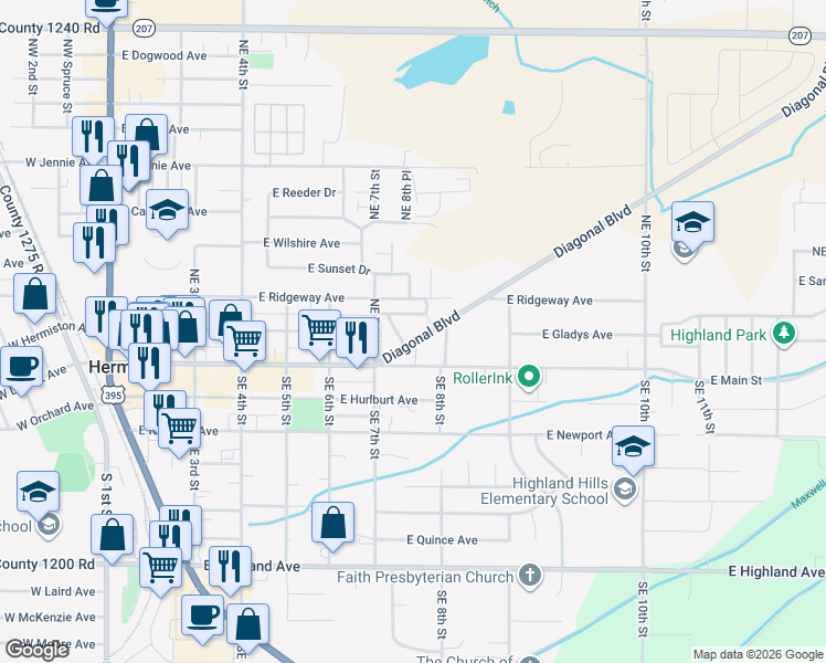 map of restaurants, bars, coffee shops, grocery stores, and more near 793 Diagonal Boulevard in Hermiston