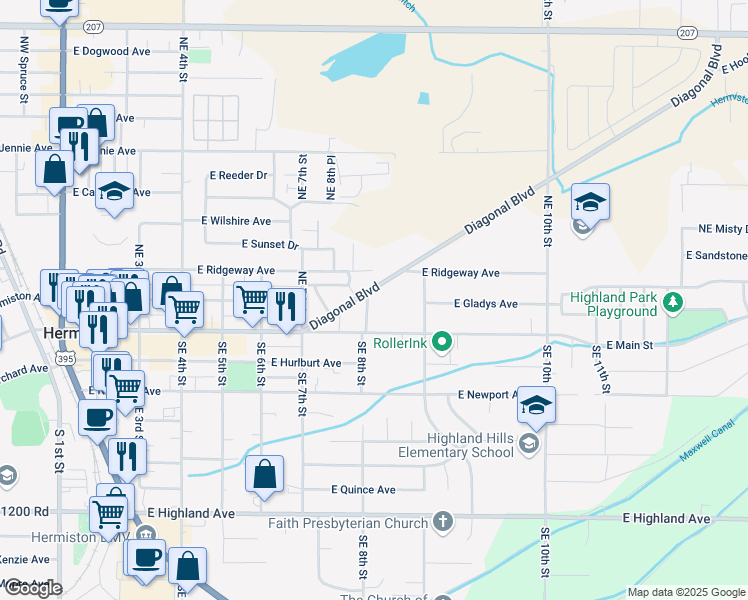 map of restaurants, bars, coffee shops, grocery stores, and more near 160 Northeast 8th Street in Hermiston