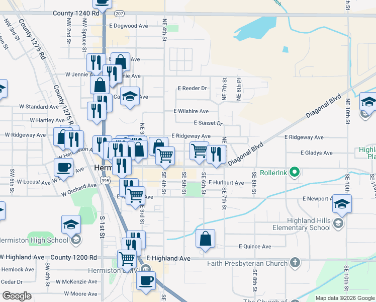 map of restaurants, bars, coffee shops, grocery stores, and more near 517 East Gladys Avenue in Hermiston