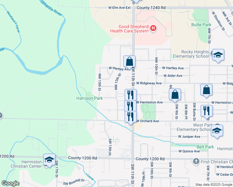 map of restaurants, bars, coffee shops, grocery stores, and more near 190 Southwest 12th Street in Hermiston