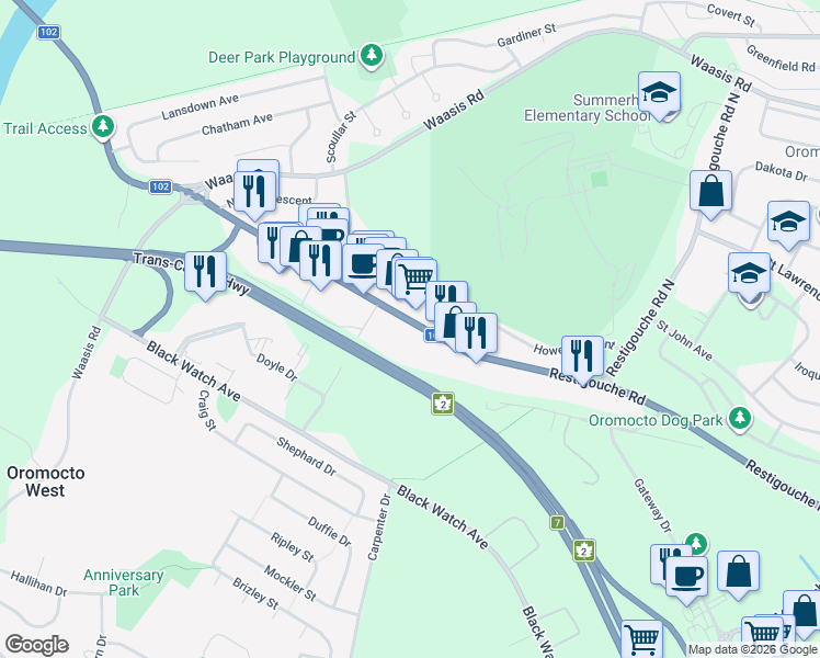 map of restaurants, bars, coffee shops, grocery stores, and more near 275 New Brunswick 102 in Oromocto