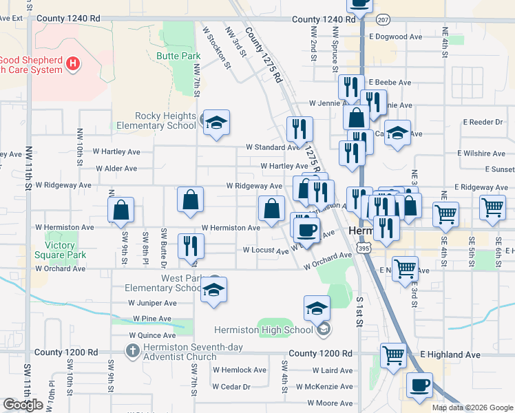 map of restaurants, bars, coffee shops, grocery stores, and more near 200 NW 5th St in Hermiston