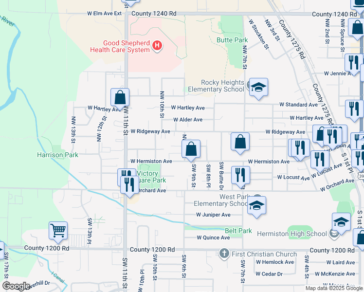 map of restaurants, bars, coffee shops, grocery stores, and more near 940 West Madrona Avenue in Hermiston