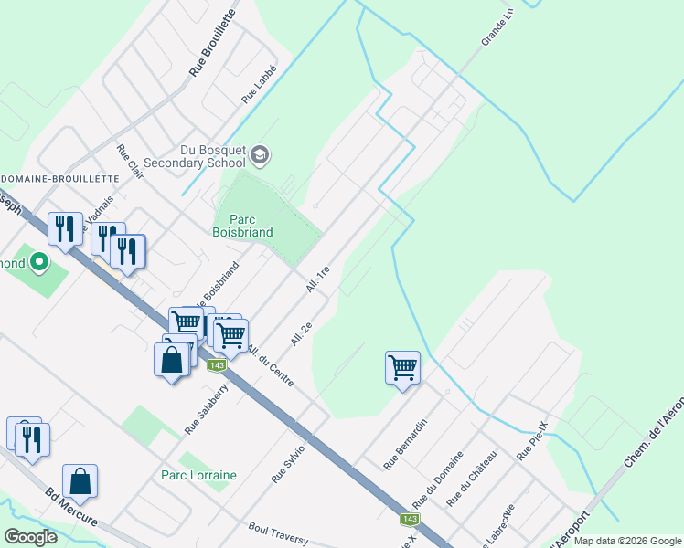 map of restaurants, bars, coffee shops, grocery stores, and more near 2049 Allée 2e in Drummondville