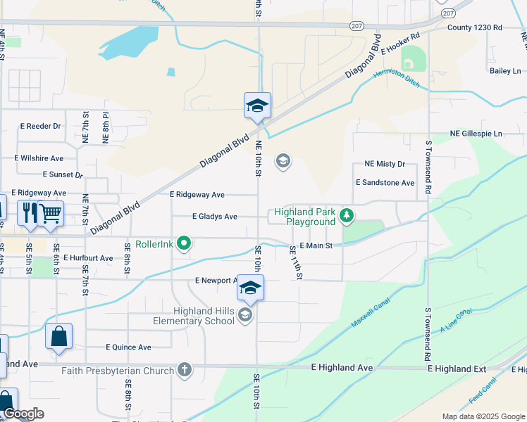 map of restaurants, bars, coffee shops, grocery stores, and more near 225 County 1219 Road in Hermiston
