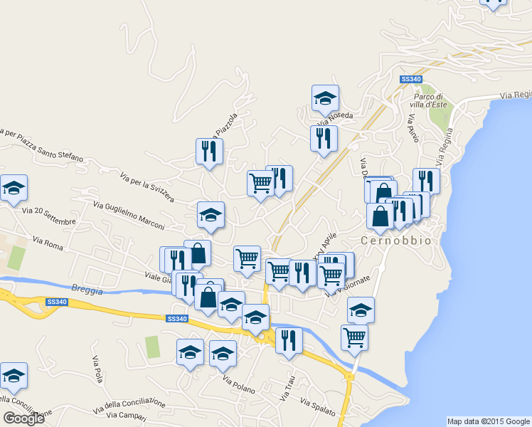 map of restaurants, bars, coffee shops, grocery stores, and more near 5 Via Paolo Carcano in Cernobbio