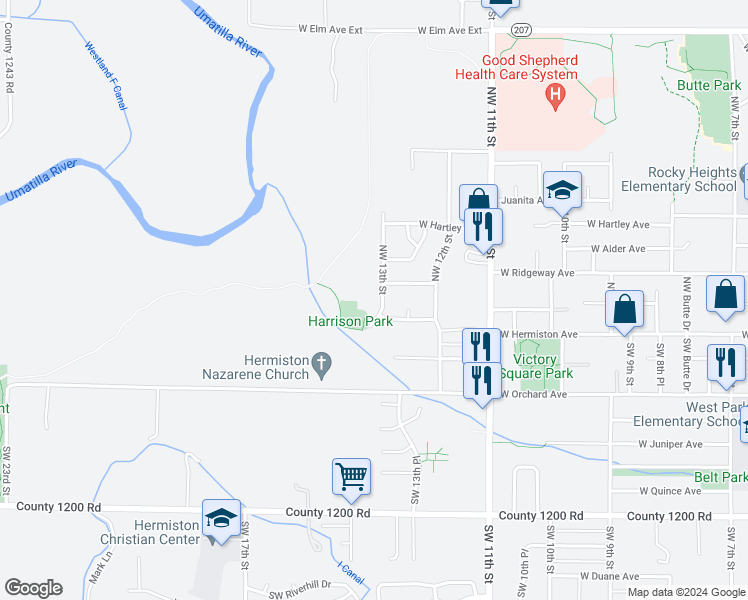 map of restaurants, bars, coffee shops, grocery stores, and more near 245 Northwest 13th Street in Hermiston