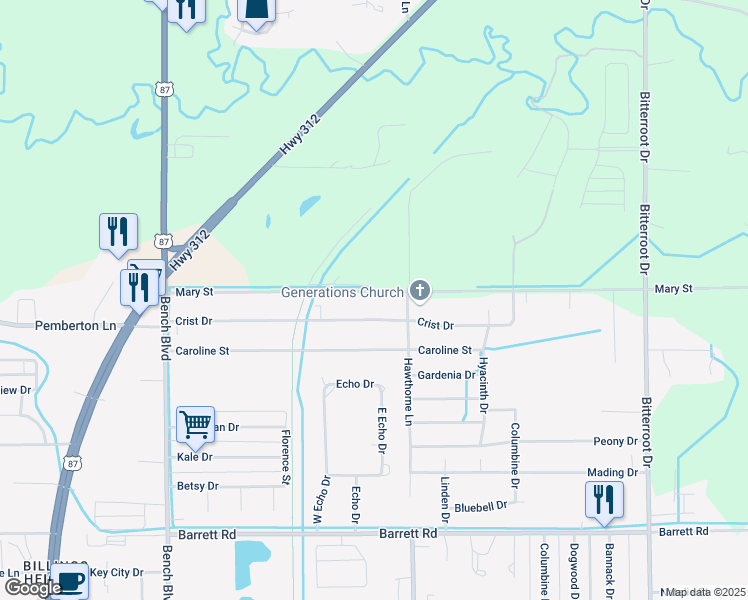 map of restaurants, bars, coffee shops, grocery stores, and more near 1122 Mary Street in Billings