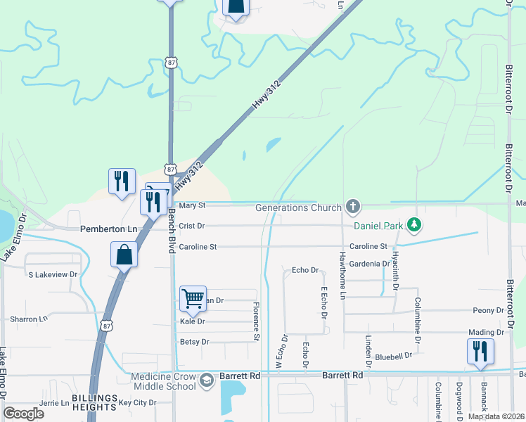 map of restaurants, bars, coffee shops, grocery stores, and more near 1006 Mary Street in Billings