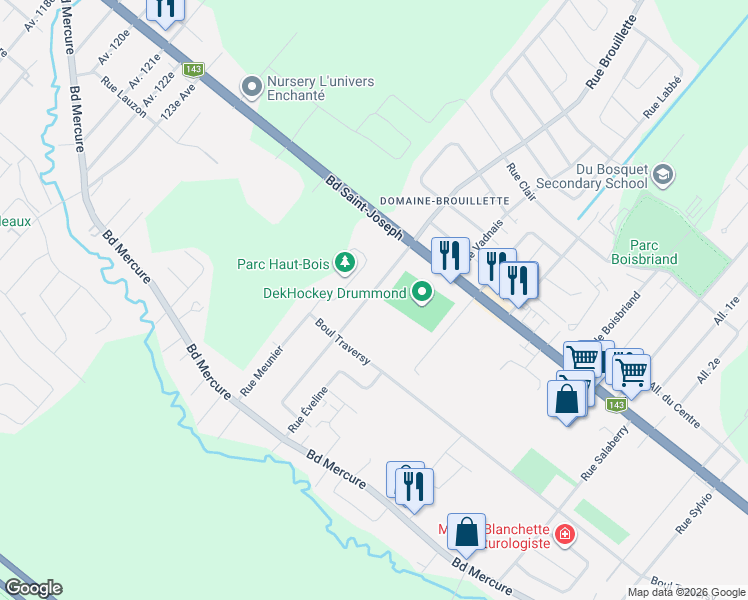 map of restaurants, bars, coffee shops, grocery stores, and more near 463 Rue Comeau in Drummondville
