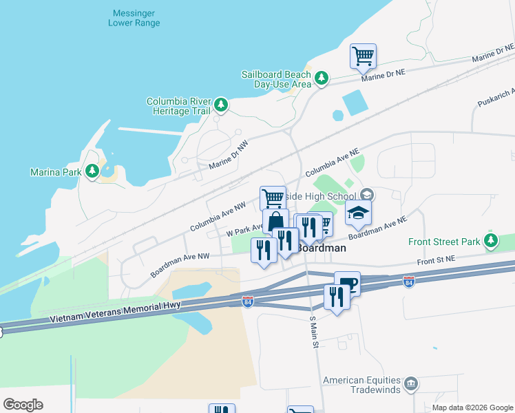 map of restaurants, bars, coffee shops, grocery stores, and more near 125 Columbia Avenue Northeast in Boardman