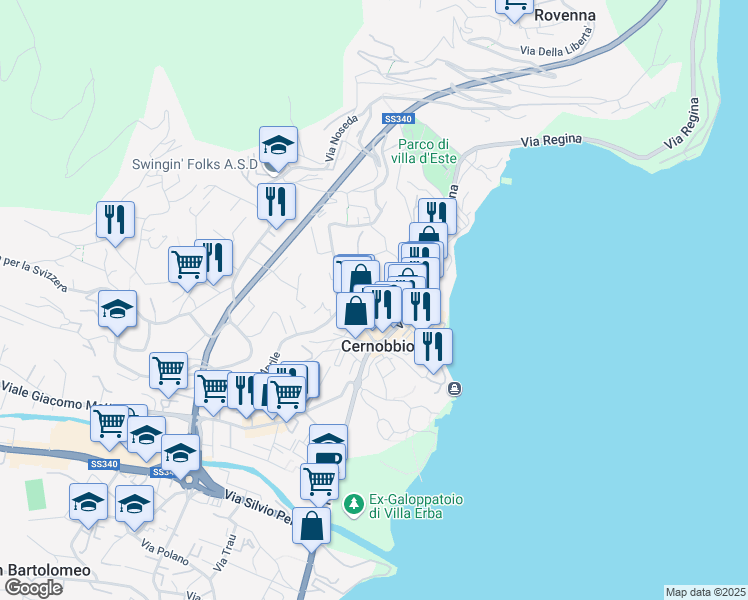 map of restaurants, bars, coffee shops, grocery stores, and more near 6 Via Plinio in Cernobbio