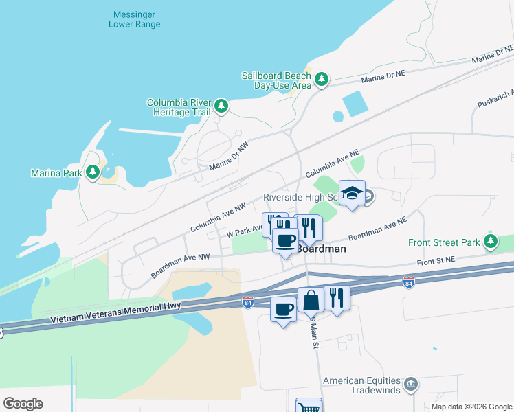 map of restaurants, bars, coffee shops, grocery stores, and more near 125 Columbia Avenue Northeast in Boardman